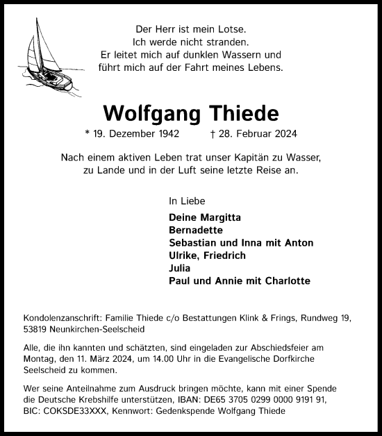 Anzeige von Wolfgang Thiede von Kölner Stadt-Anzeiger / Kölnische Rundschau / Express