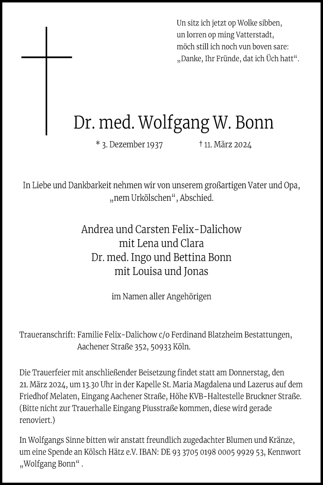  Traueranzeige für Wolfgang W. Bonn vom 16.03.2024 aus Kölner Stadt-Anzeiger / Kölnische Rundschau / Express