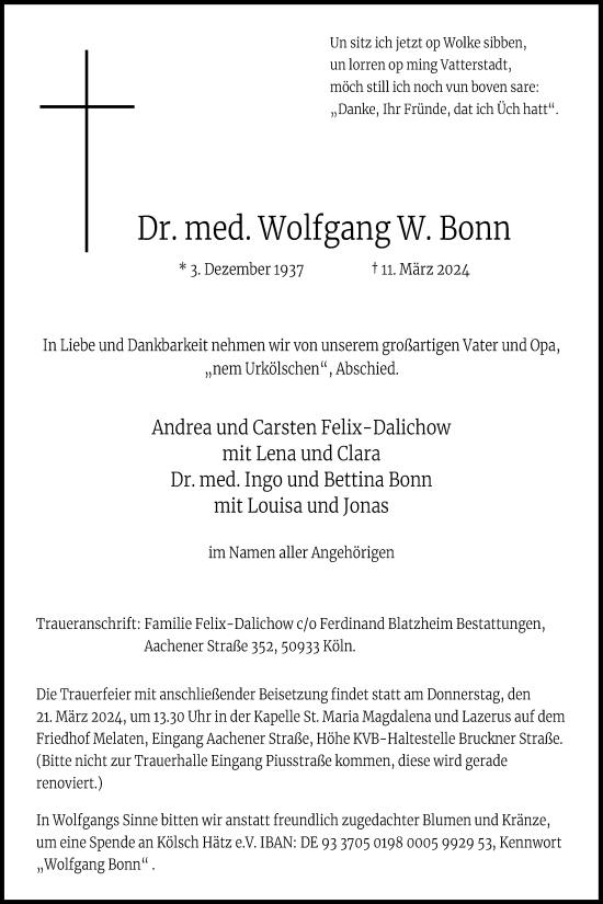 Anzeige von Wolfgang W. Bonn von Kölner Stadt-Anzeiger / Kölnische Rundschau / Express
