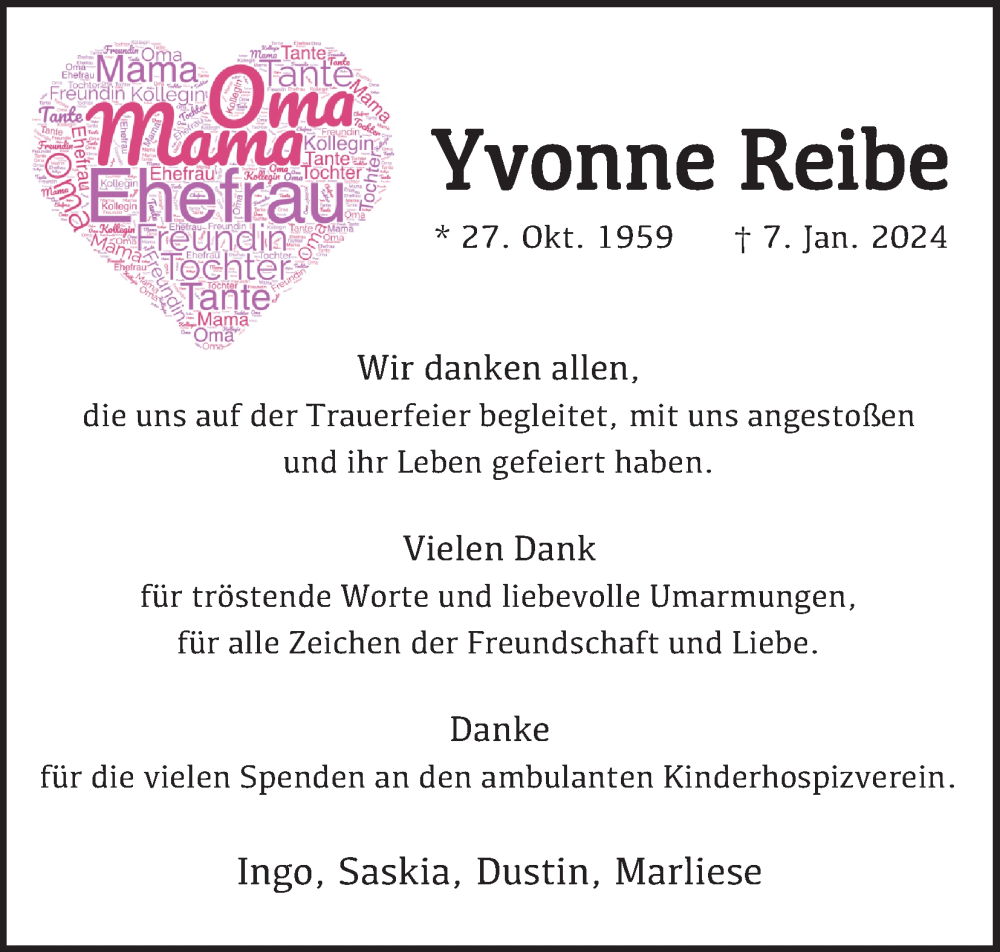  Traueranzeige für Yvonne Reibe vom 16.03.2024 aus Kölner Stadt-Anzeiger / Kölnische Rundschau / Express