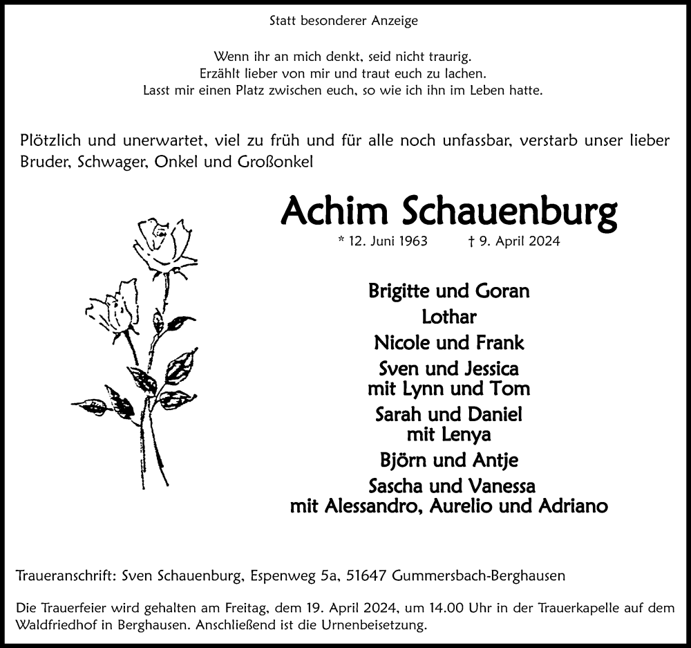  Traueranzeige für Achim Schauenburg vom 13.04.2024 aus Kölner Stadt-Anzeiger / Kölnische Rundschau / Express