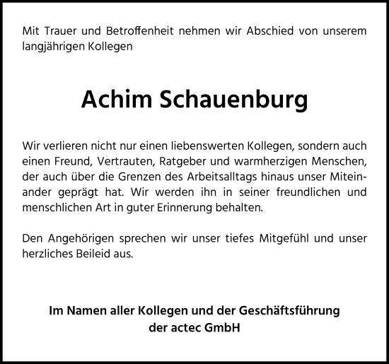 Anzeige von Achim Schauenburg von Kölner Stadt-Anzeiger / Kölnische Rundschau / Express
