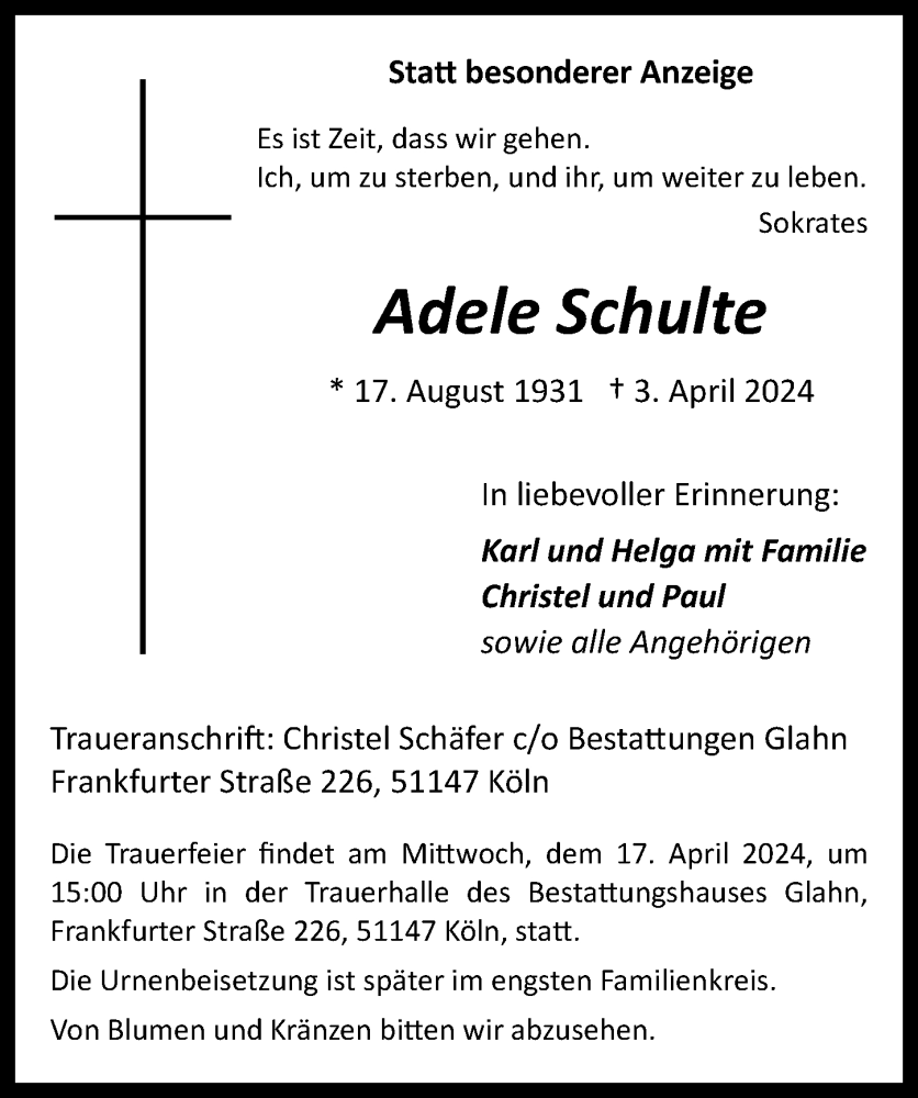  Traueranzeige für Adele Schulte vom 12.04.2024 aus  EXPRESS - Die Woche 