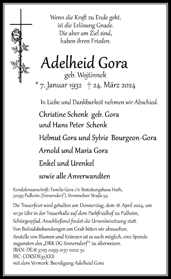 Anzeige von Adelheid Gora von  Wochenende 