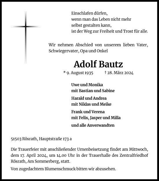 Anzeige von Adolf Bautz von Kölner Stadt-Anzeiger / Kölnische Rundschau / Express
