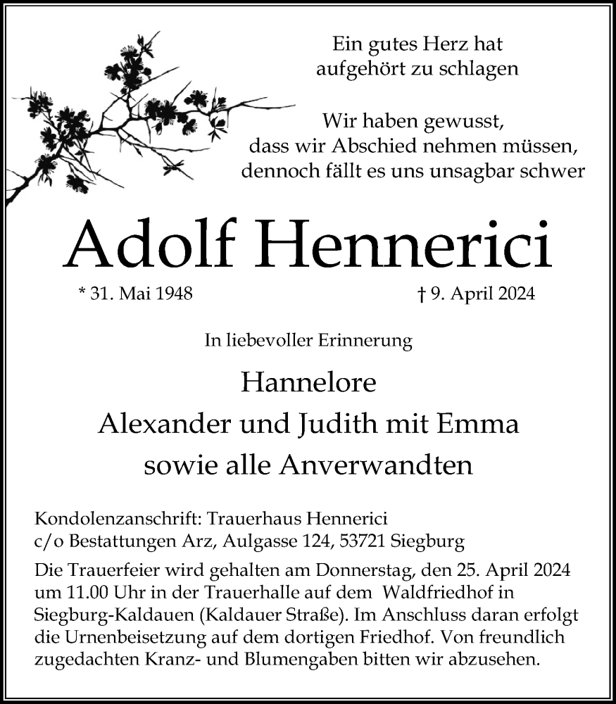  Traueranzeige für Adolf Hennerici vom 20.04.2024 aus Kölner Stadt-Anzeiger / Kölnische Rundschau / Express