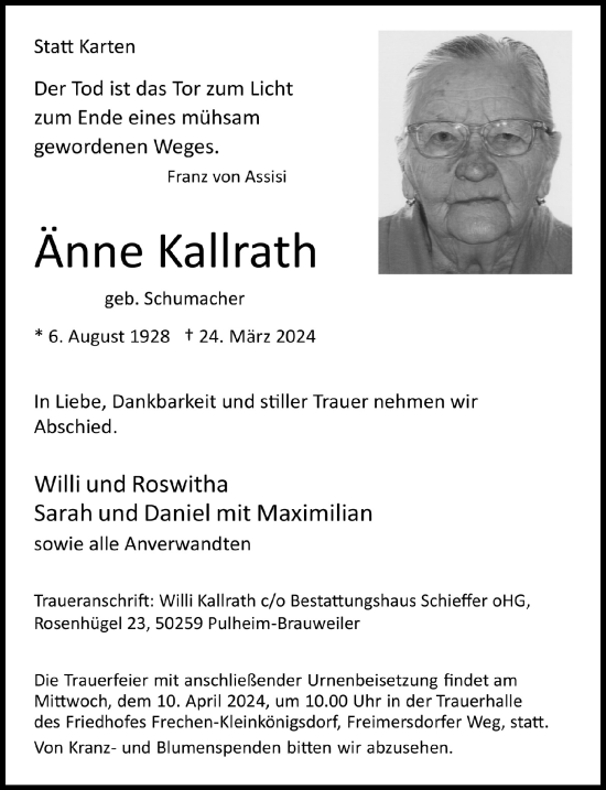 Anzeige von Änne Kallrath von  Wochenende 