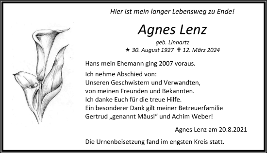Anzeige von Agnes Lenz von  Wochenende 