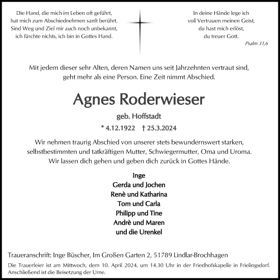 Anzeige von Agnes Roderwieser von Kölner Stadt-Anzeiger / Kölnische Rundschau / Express