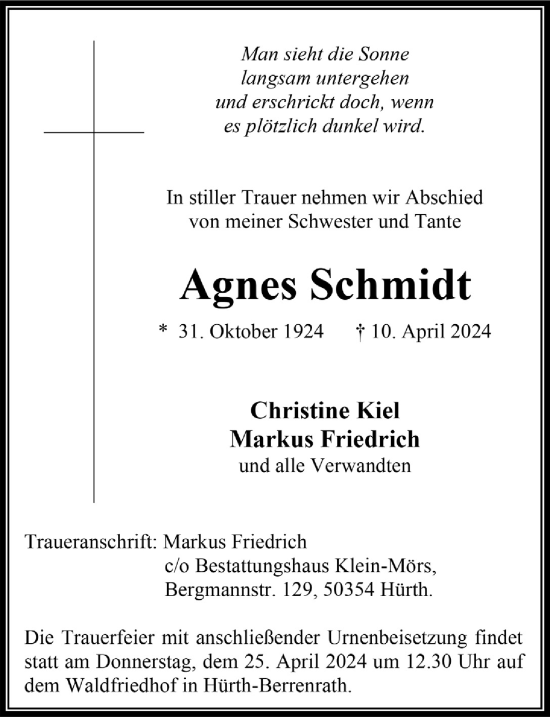 Anzeige von Agnes Schmidt von  Wochenende 