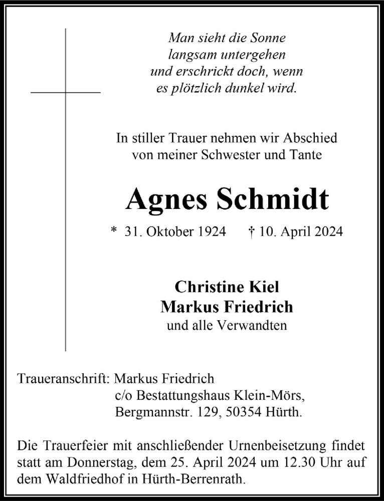  Traueranzeige für Agnes Schmidt vom 19.04.2024 aus  Wochenende 