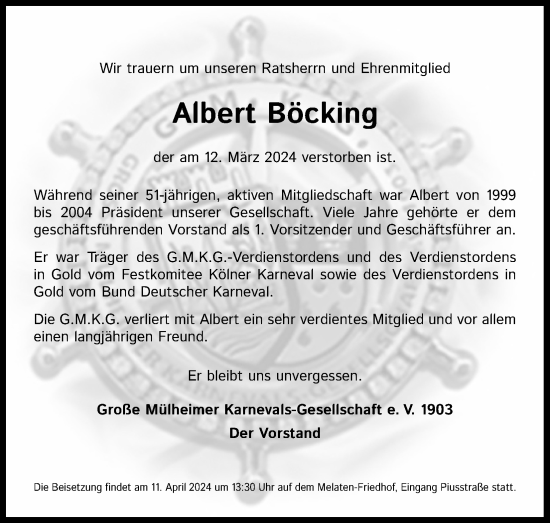 Anzeige von Albert Böcking von Kölner Stadt-Anzeiger / Kölnische Rundschau / Express