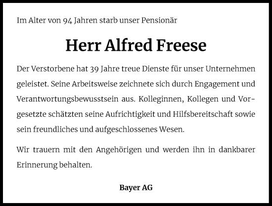Anzeige von Alfred Freese von Kölner Stadt-Anzeiger / Kölnische Rundschau / Express