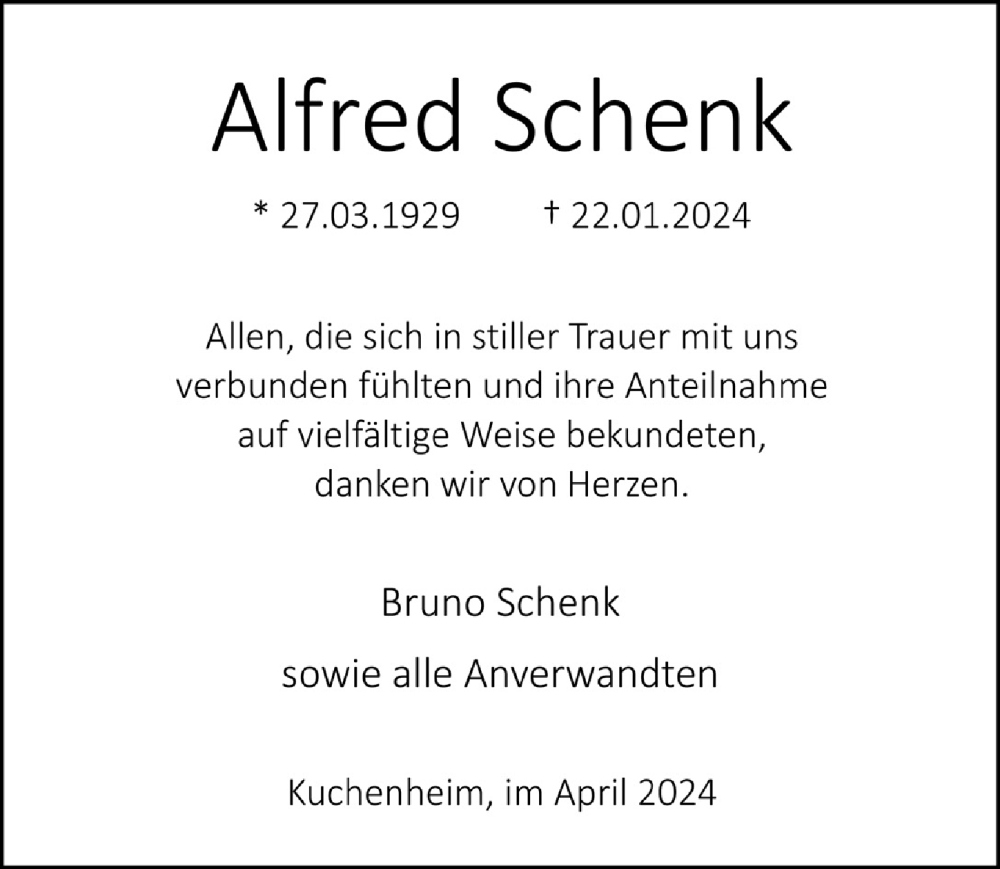  Traueranzeige für Alfred Schenk vom 06.04.2024 aus  Blickpunkt Euskirchen 