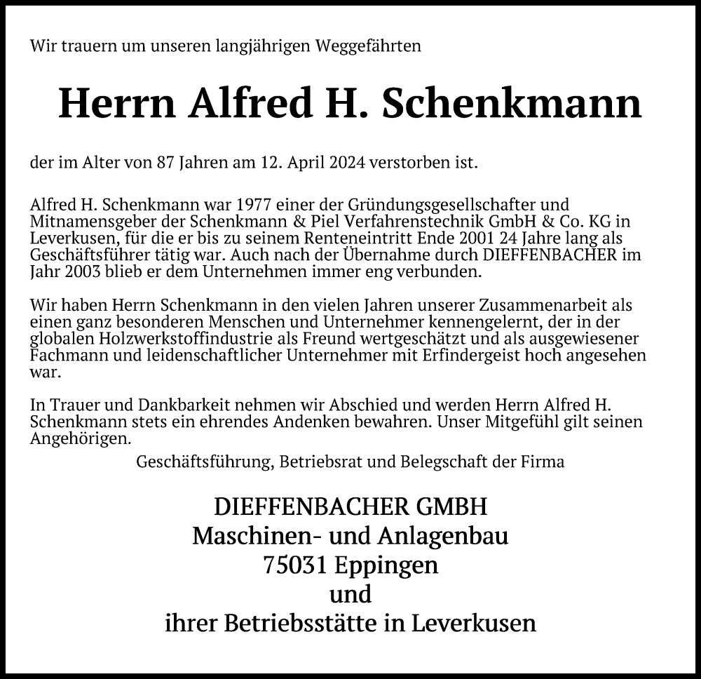  Traueranzeige für Alfred H. Schenkmann vom 27.04.2024 aus Kölner Stadt-Anzeiger / Kölnische Rundschau / Express