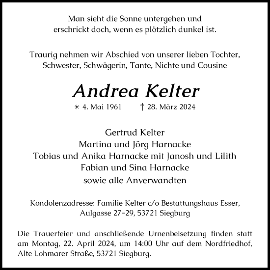 Anzeige von Andrea Kelter von Kölner Stadt-Anzeiger / Kölnische Rundschau / Express