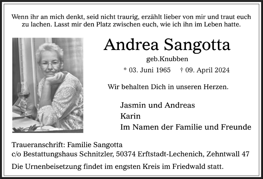  Traueranzeige für Andrea Sangotta vom 19.04.2024 aus  Werbepost 