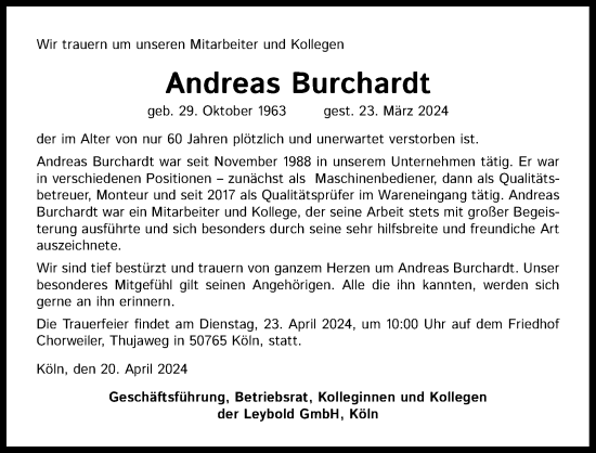 Anzeige von Andreas Burchardt von Kölner Stadt-Anzeiger / Kölnische Rundschau / Express