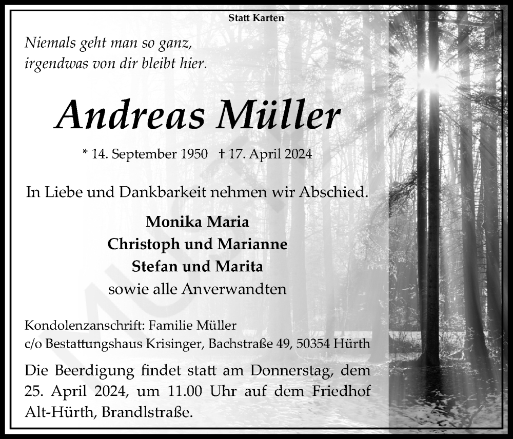  Traueranzeige für Andreas Müller vom 22.04.2024 aus Kölner Stadt-Anzeiger / Kölnische Rundschau / Express