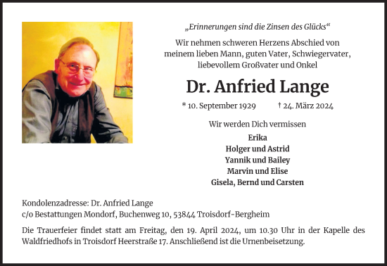 Anzeige von Anfried Lange von Kölner Stadt-Anzeiger / Kölnische Rundschau / Express