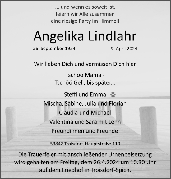 Anzeige von Angelika Lindlahr von Kölner Stadt-Anzeiger / Kölnische Rundschau / Express