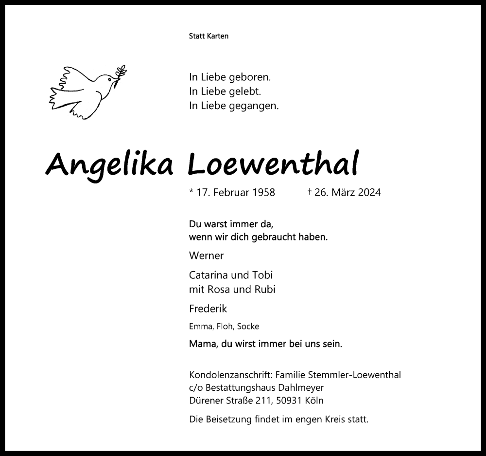  Traueranzeige für Angelika Loewenthal vom 06.04.2024 aus Kölner Stadt-Anzeiger / Kölnische Rundschau / Express