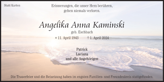 Anzeige von Angelika Anna Kaminski von Kölner Stadt-Anzeiger / Kölnische Rundschau / Express