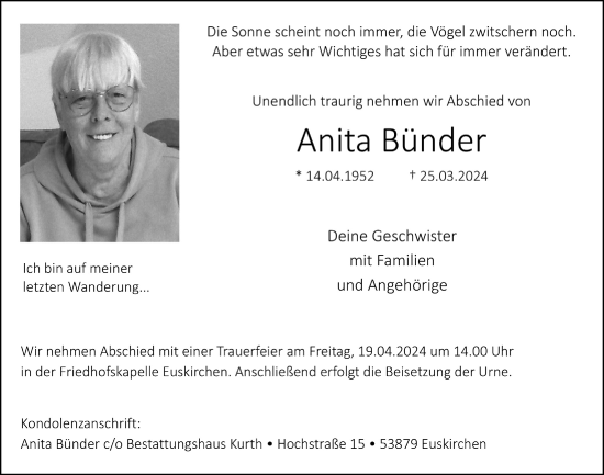Anzeige von Anita Bünder von  Blickpunkt Euskirchen 