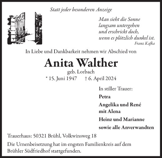 Anzeige von Anita Walther von  Schlossbote/Werbekurier 