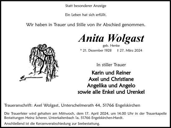Anzeige von Anita Wolgast von Kölner Stadt-Anzeiger / Kölnische Rundschau / Express