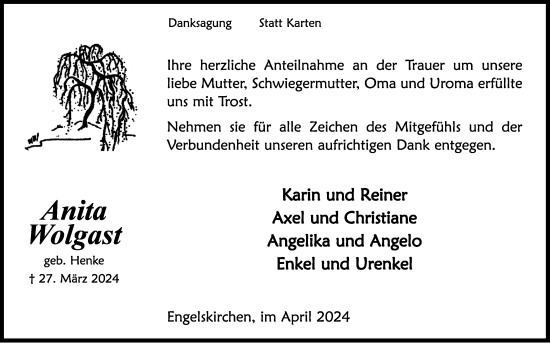 Anzeige von Anita Wolgast von Kölner Stadt-Anzeiger / Kölnische Rundschau / Express