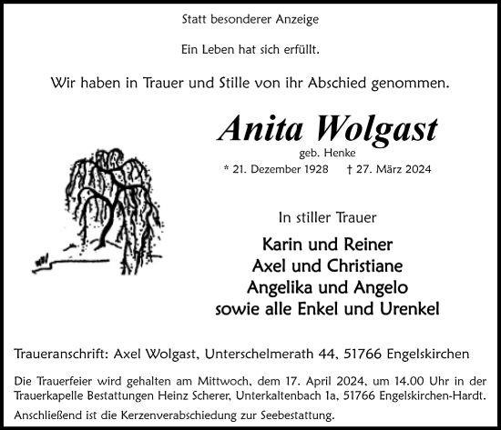 Anzeige von Anita Wolgast von  Anzeigen Echo 