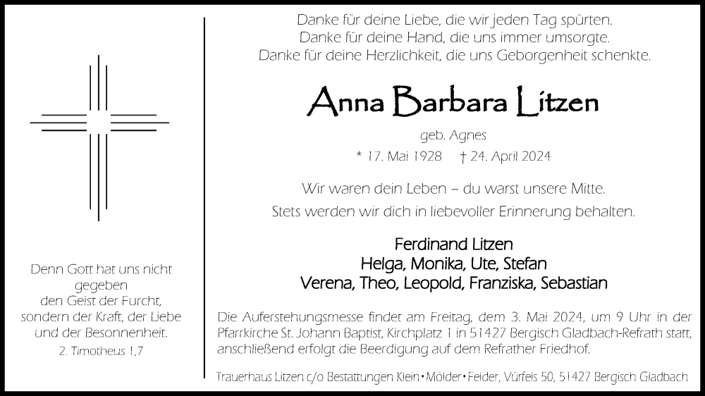 Traueranzeige für Anna Barbara Litzen vom 30.04.2024 aus Kölner Stadt-Anzeiger / Kölnische Rundschau / Express