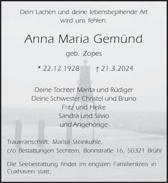 Anzeige von Anna Maria Gemünd von  Schlossbote/Werbekurier 