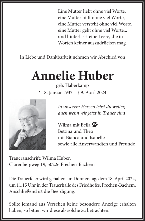 Anzeige von Annelie Huber von  Wochenende 