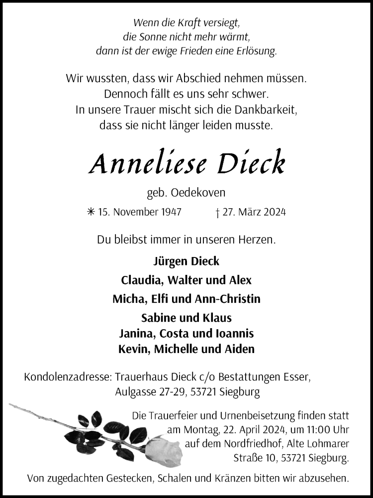  Traueranzeige für Anneliese Dieck vom 13.04.2024 aus Kölner Stadt-Anzeiger / Kölnische Rundschau / Express
