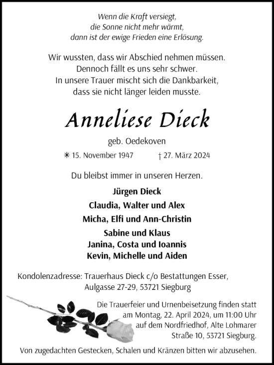 Anzeige von Anneliese Dieck von Kölner Stadt-Anzeiger / Kölnische Rundschau / Express