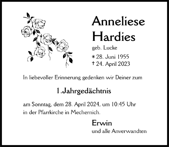 Anzeige von Anneliese Hardies von  Blickpunkt Euskirchen 