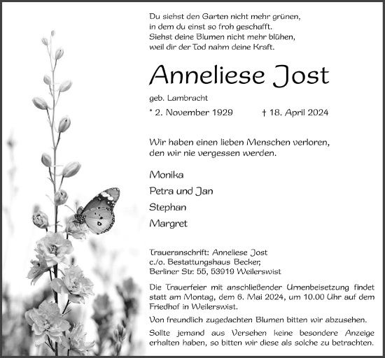 Anzeige von Anneliese Jost von  Schlossbote/Werbekurier 