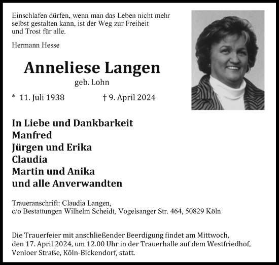 Anzeige von Anneliese Langen von Kölner Stadt-Anzeiger / Kölnische Rundschau / Express