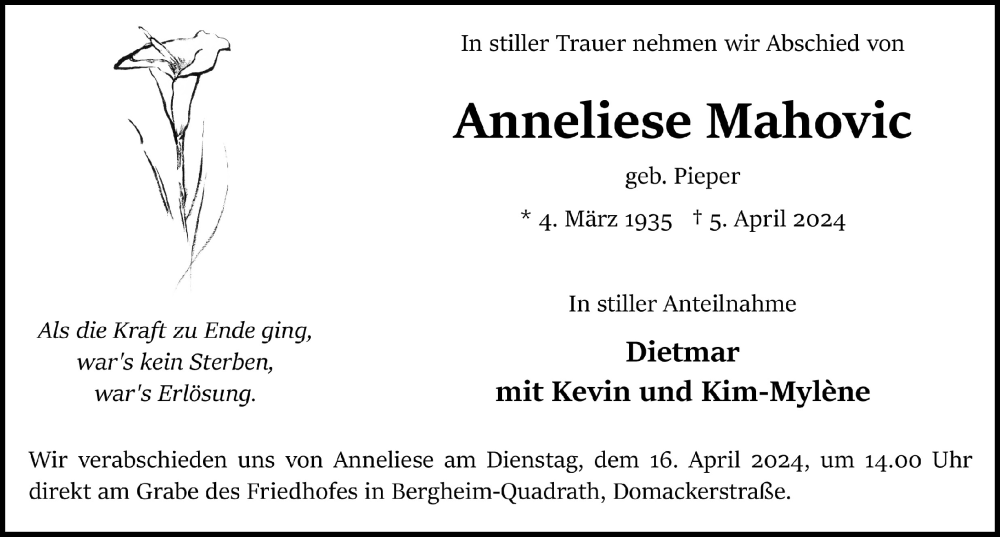  Traueranzeige für Anneliese Mahovic vom 12.04.2024 aus  Werbepost 