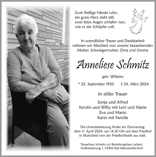 Anzeige von Anneliese Schmitz von  Blickpunkt Euskirchen 