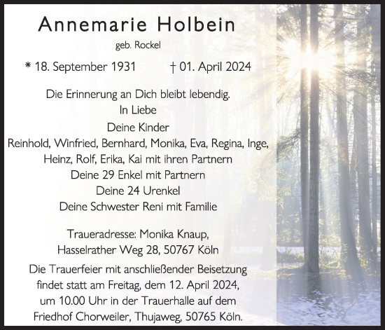 Anzeige von Annemarie Holbein von Kölner Stadt-Anzeiger / Kölnische Rundschau / Express