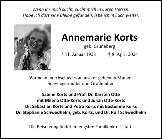 Anzeige von Annemarie Korts von Kölner Stadt-Anzeiger / Kölnische Rundschau / Express