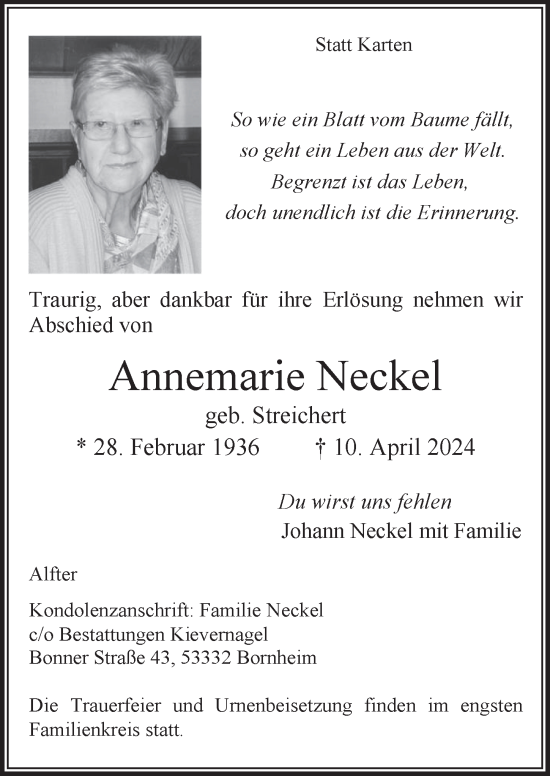 Anzeige von Annemarie Neckel von  Schaufenster/Blickpunkt 