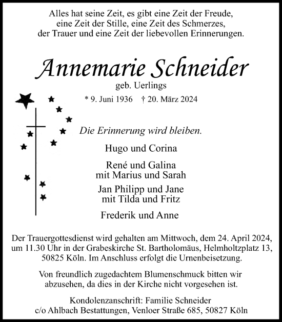 Anzeige von Annemarie Schneider von Kölner Stadt-Anzeiger / Kölnische Rundschau / Express