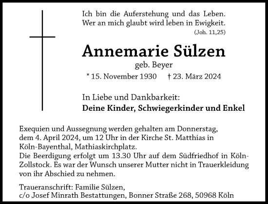 Anzeige von Annemarie Sülzen von Kölner Stadt-Anzeiger / Kölnische Rundschau / Express