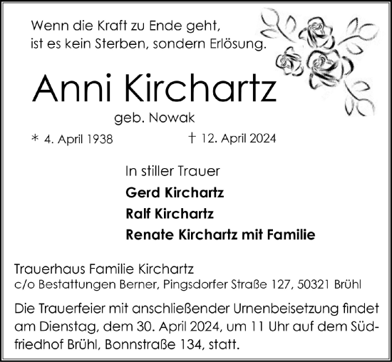 Anzeige von Anni Kirchartz von  Schlossbote/Werbekurier 