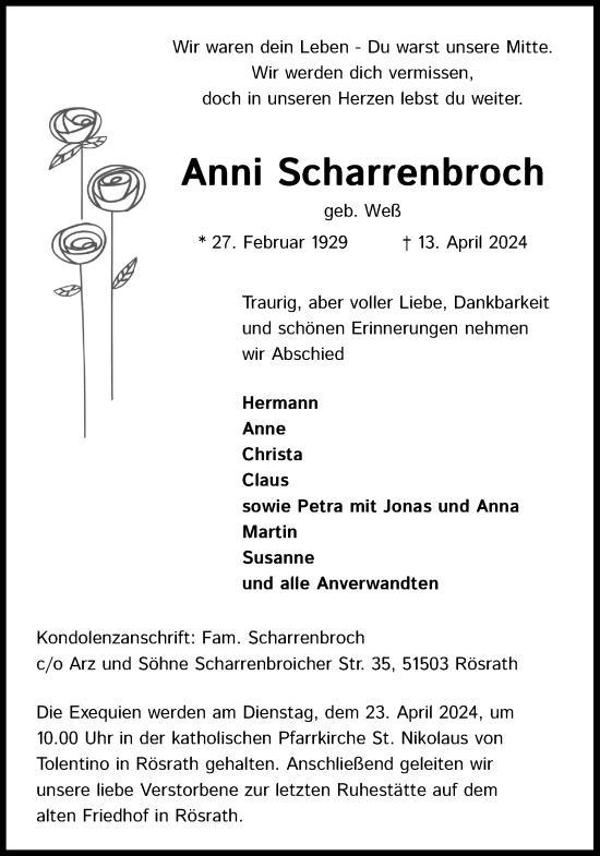 Anzeige von Anni Scharrenbroch von Kölner Stadt-Anzeiger / Kölnische Rundschau / Express