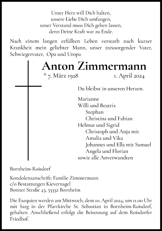 Anzeige von Anton Zimmermann von Kölner Stadt-Anzeiger / Kölnische Rundschau / Express